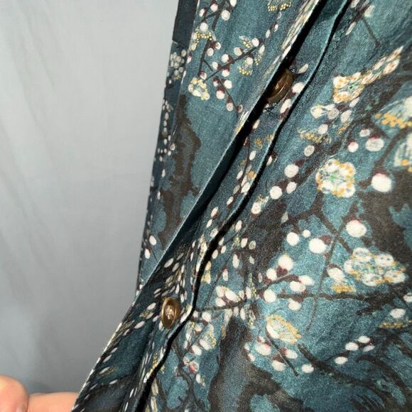 Peruvian Connection Silk Cotton Voile Button Down Shirt L Blue Floral Branch Pri - Picture 9 of 13